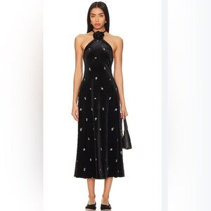 WeWoreWhat Women's Small Black High Neck Flower Embroidered Velvet Midi Dress
